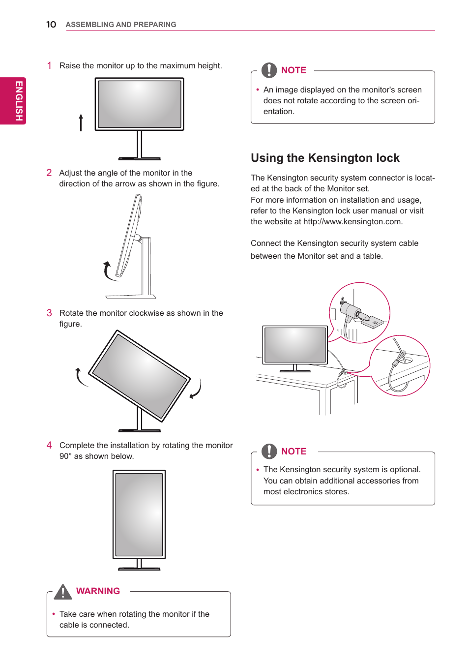 Using the kensington lock | LG 27EA83-D User Manual | Page 11 / 37