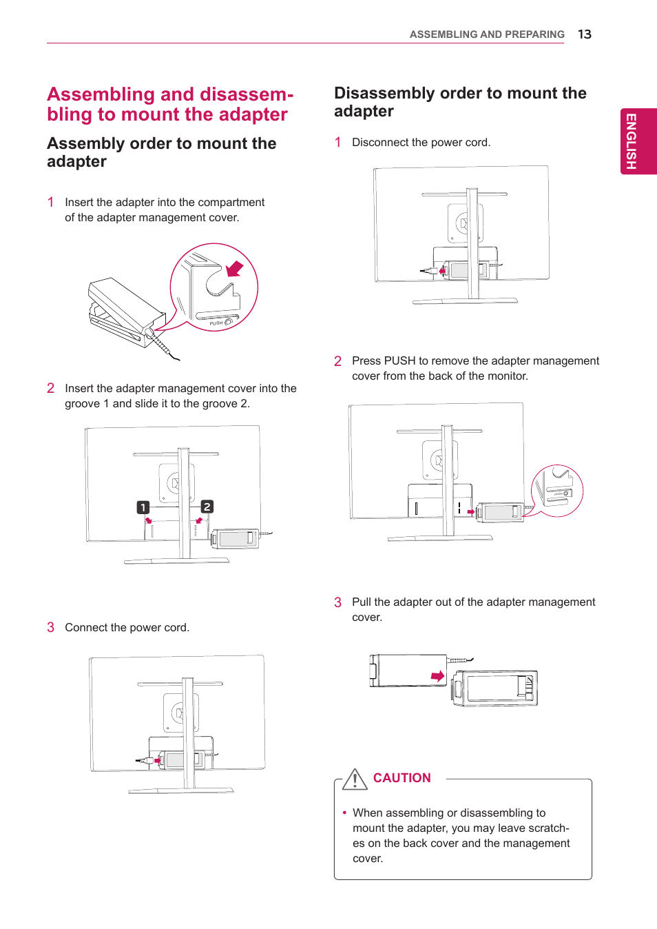 Assembling and disassembling to mount the adapter, Assembly order to mount the adapter, Disassembly order to mount the adapter | LG 27EA83-D User Manual | Page 14 / 37