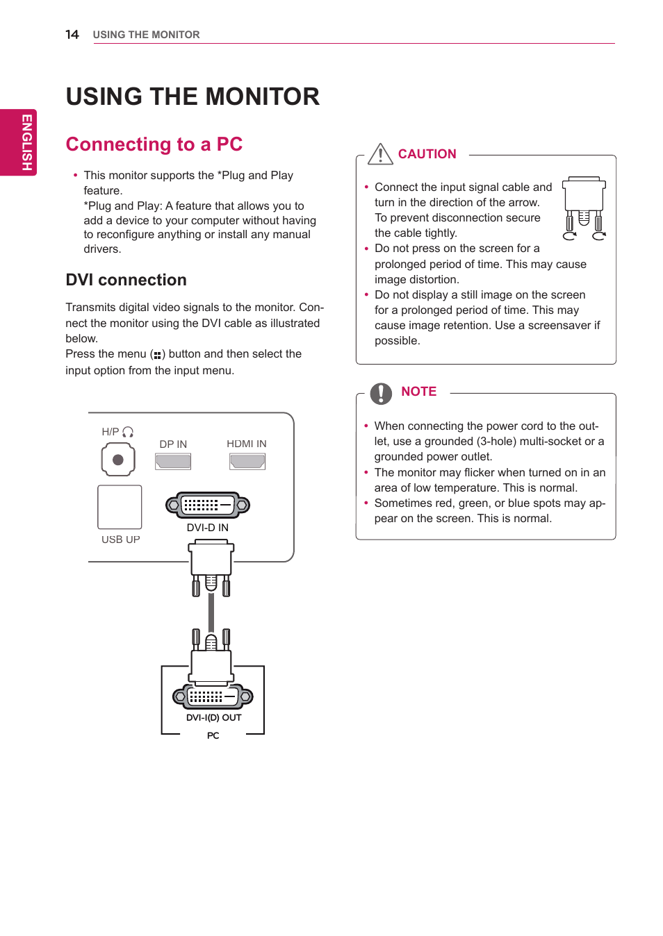 Using the monitor, Connecting to a pc, Dvi connection | LG 27EA83-D User Manual | Page 15 / 37