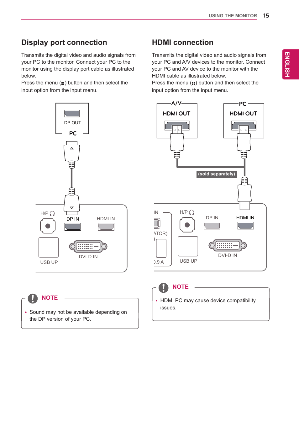 Display port connection, Hdmi connection | LG 27EA83-D User Manual | Page 16 / 37