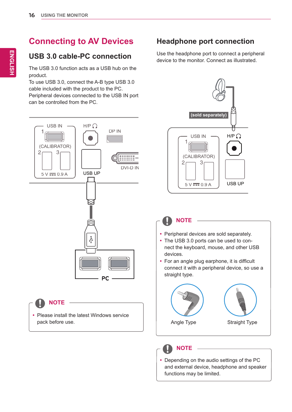 Connecting to av devices, Usb 3.0 cable-pc connection, Headphone port connection | LG 27EA83-D User Manual | Page 17 / 37