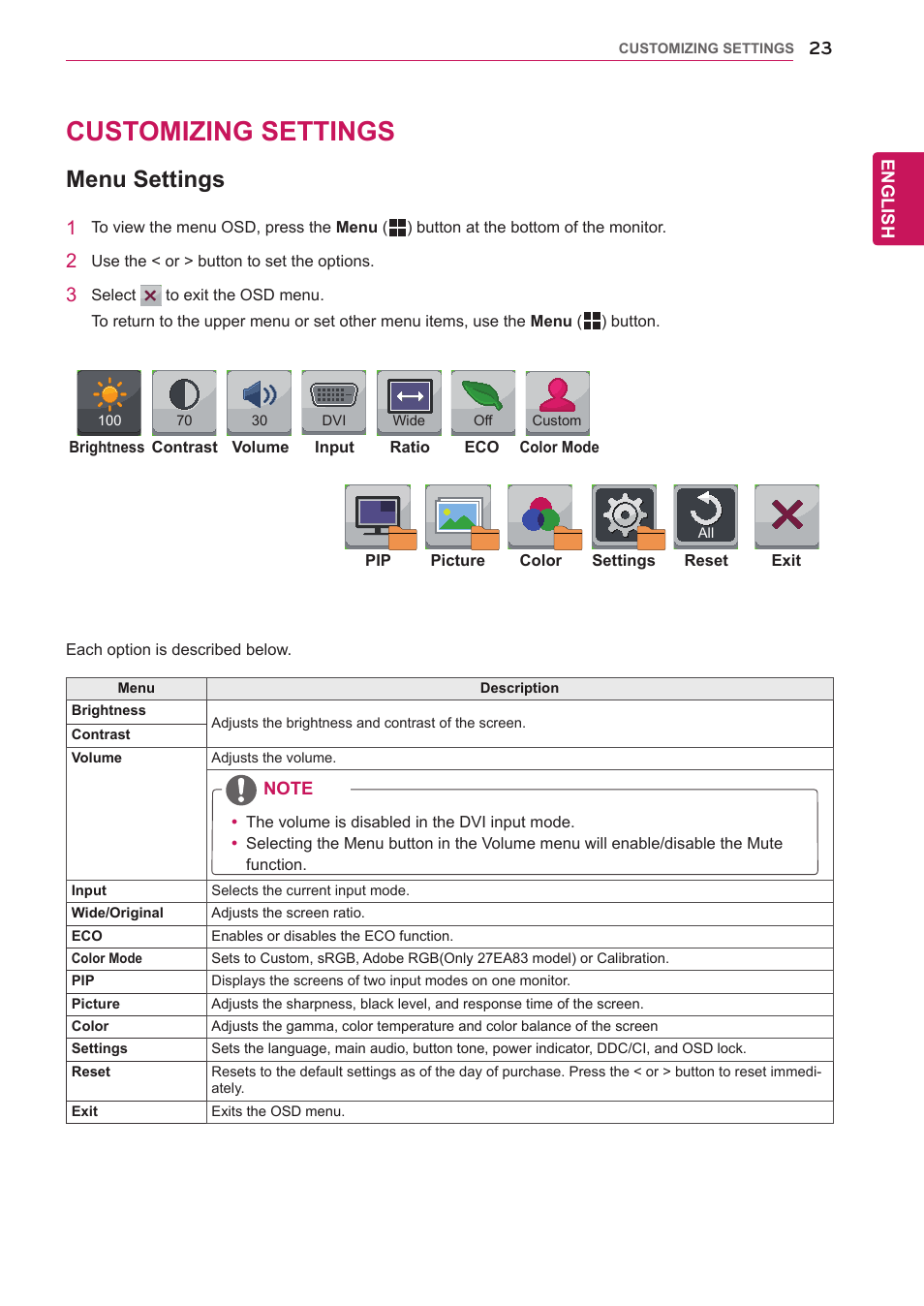 Customizing settings, Menu settings | LG 27EA83-D User Manual | Page 24 / 37