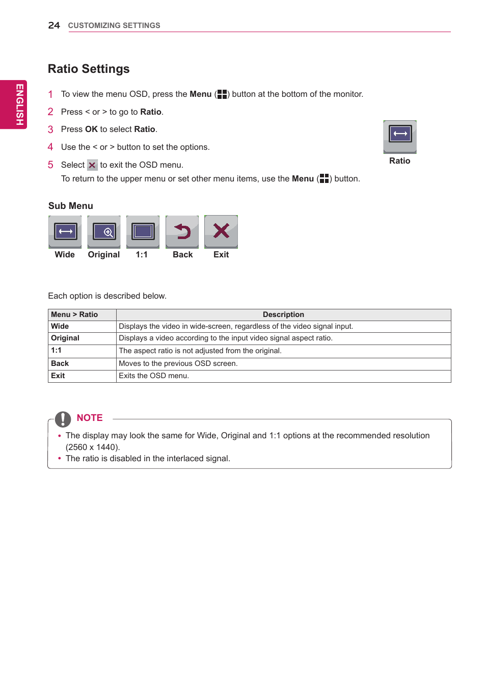 Ratio settings | LG 27EA83-D User Manual | Page 25 / 37