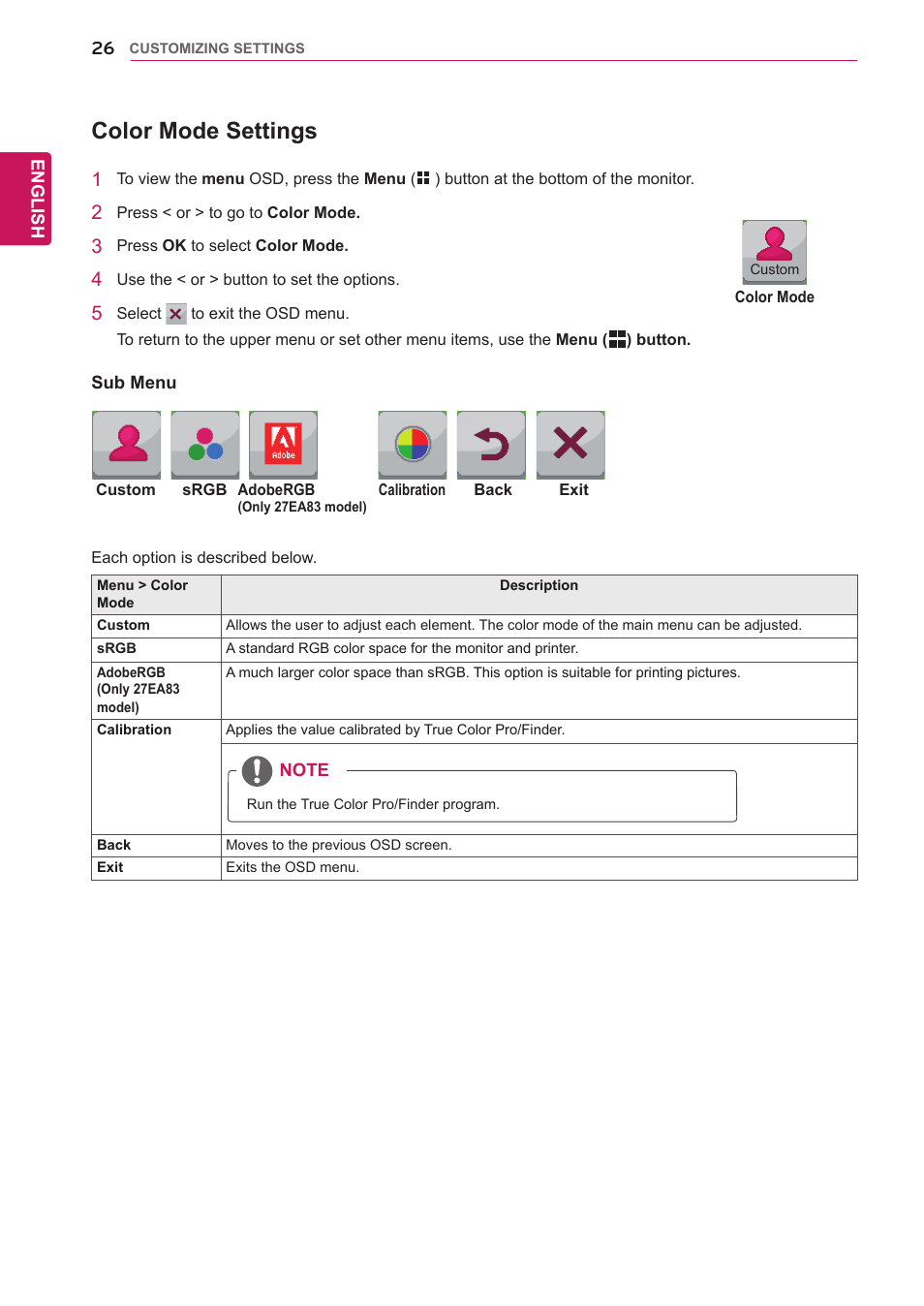 Color mode settings | LG 27EA83-D User Manual | Page 27 / 37