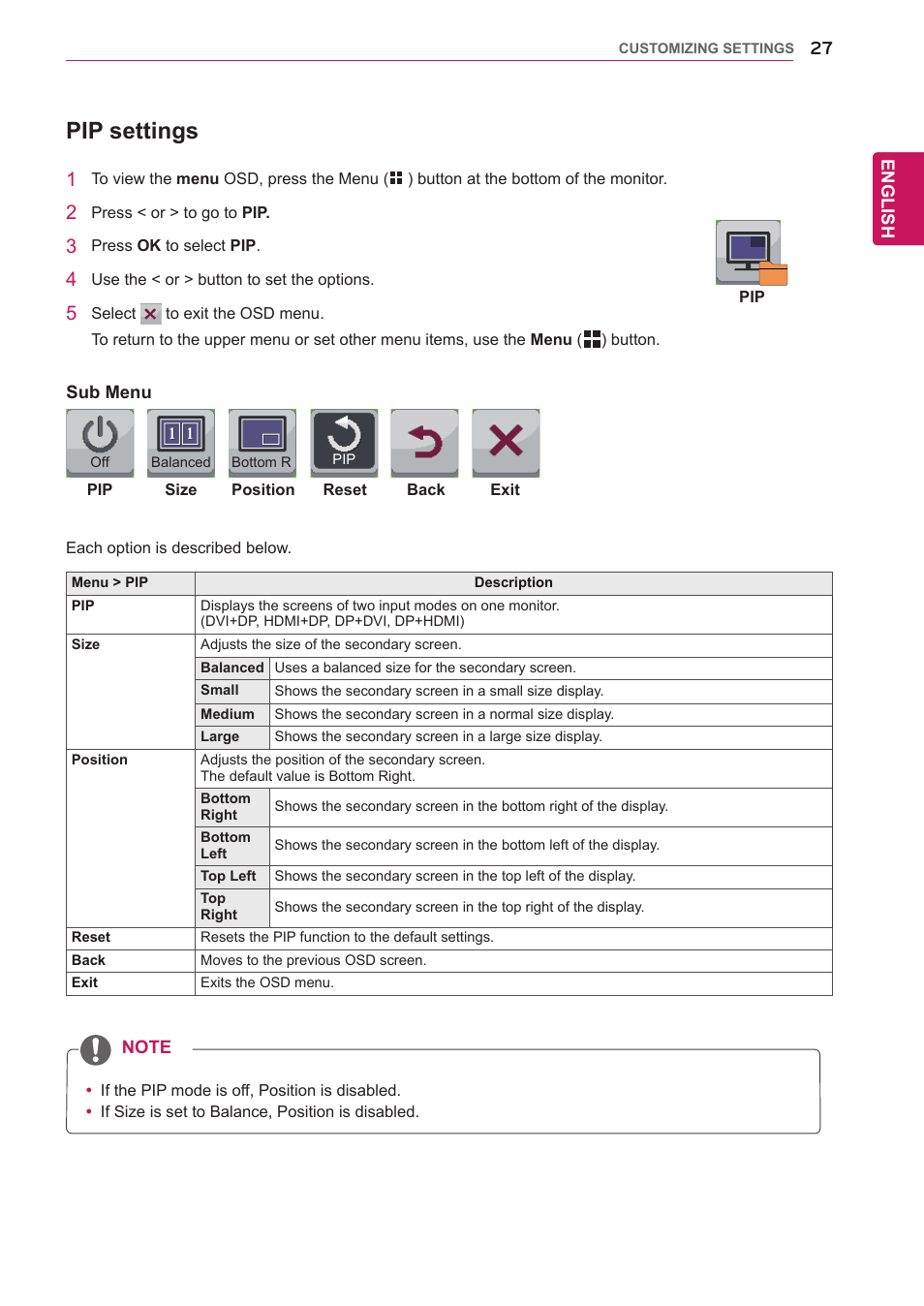 Pip settings | LG 27EA83-D User Manual | Page 28 / 37