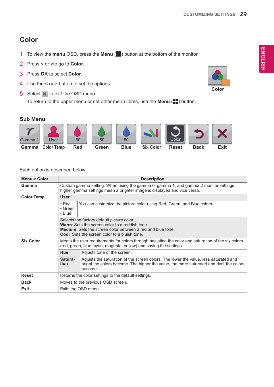 Color | LG 27EA83-D User Manual | Page 30 / 37