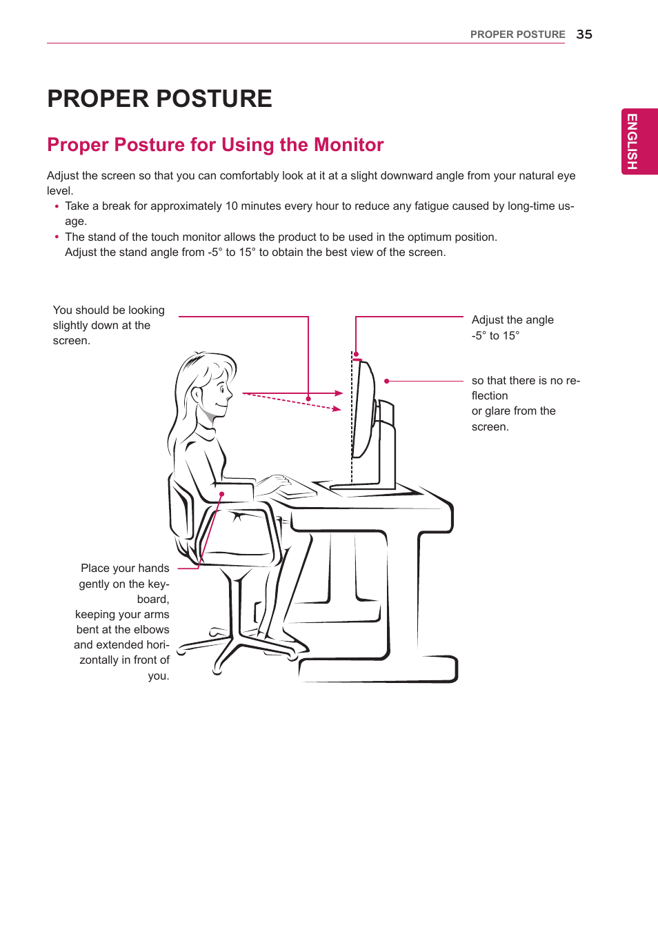 Proper posture, Proper posture for using the monitor | LG 27EA83-D User Manual | Page 36 / 37