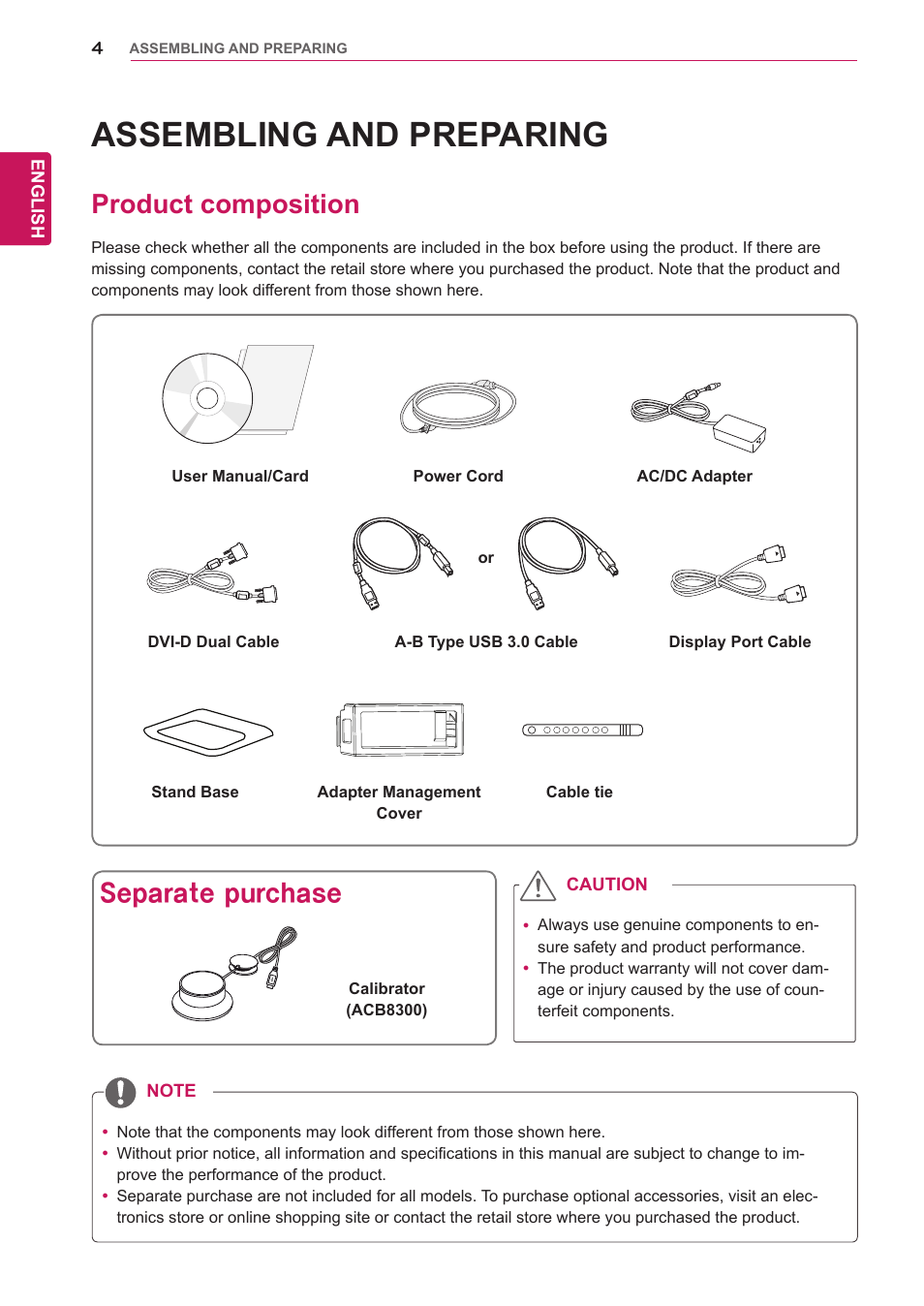 Assembling and preparing, Product composition, Separate purchase | Assembling and, Preparing | LG 27EA83-D User Manual | Page 5 / 37
