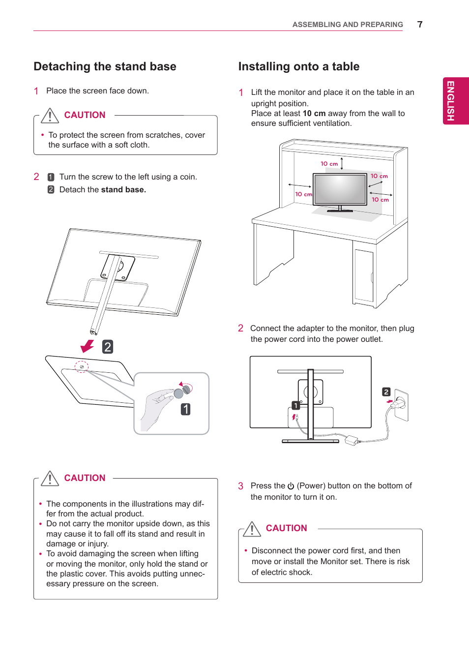 Detaching the stand base, Installing onto a table | LG 27EA83-D User Manual | Page 8 / 37