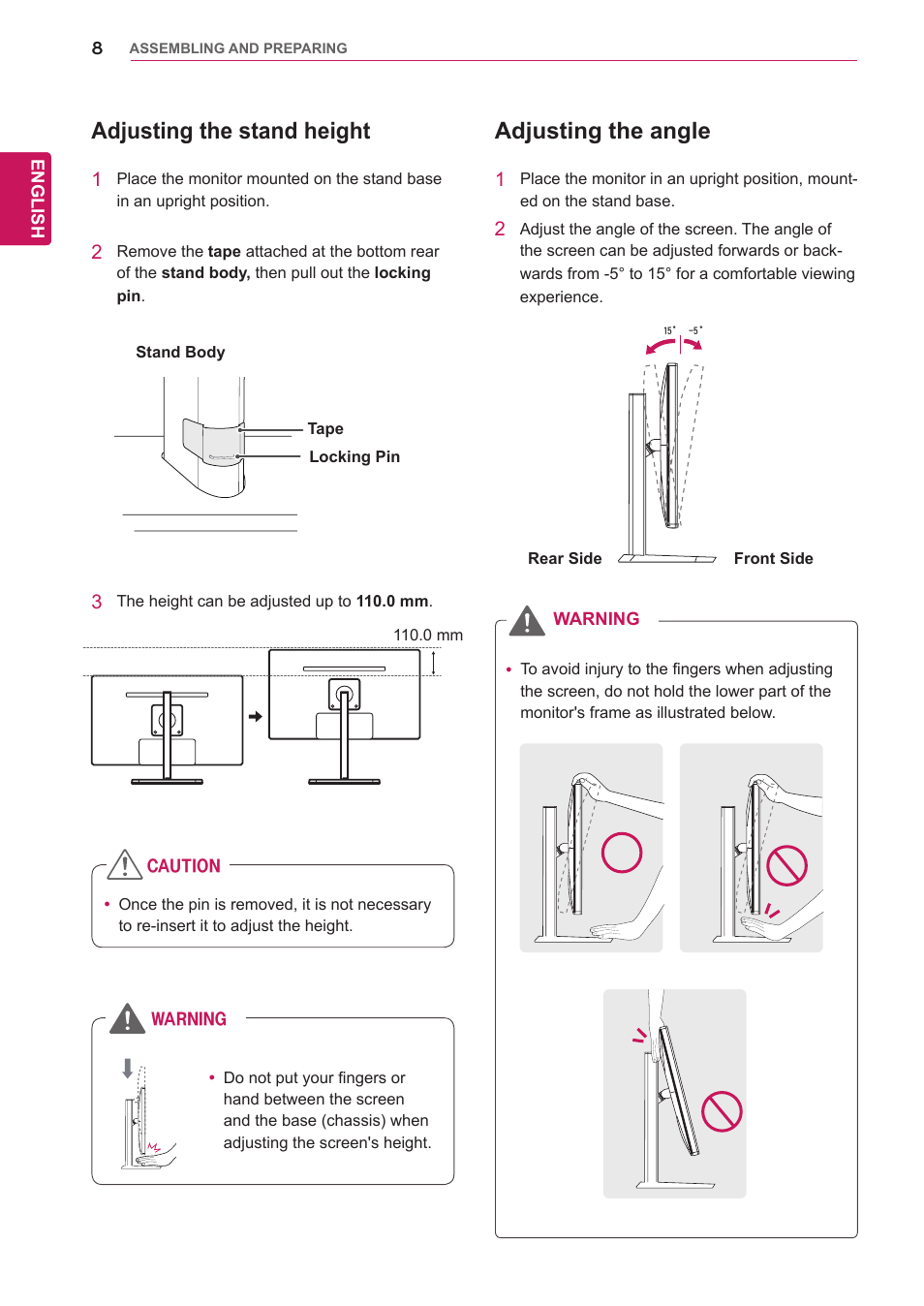 Adjusting the stand height, Adjusting the angle | LG 27EA83-D User Manual | Page 9 / 37