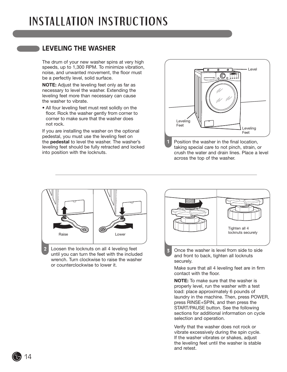 Leveling the washer | LG WM2901HVA User Manual | Page 14 / 108