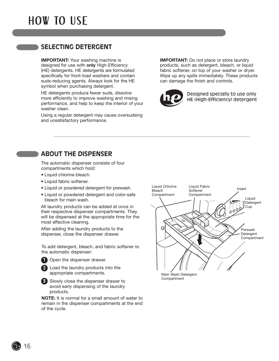 H o w to u s e, Selecting detergent about the dispenser | LG WM2901HVA User Manual | Page 16 / 108