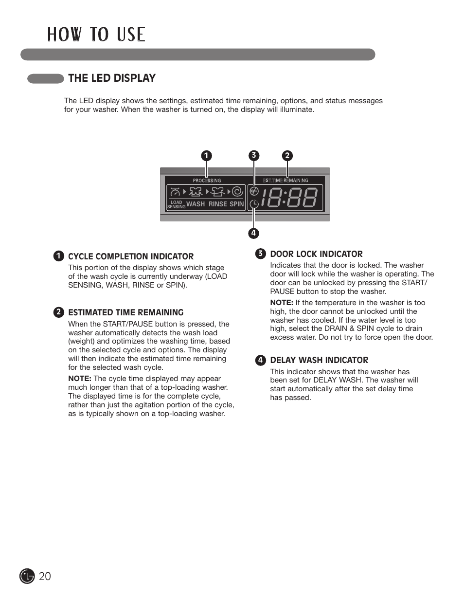 H o w to u s e, The led display | LG WM2901HVA User Manual | Page 20 / 108