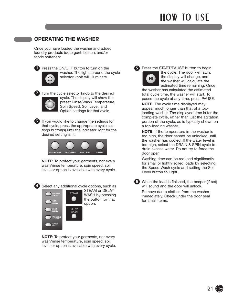 H o w to u s e, Operating the washer | LG WM2901HVA User Manual | Page 21 / 108