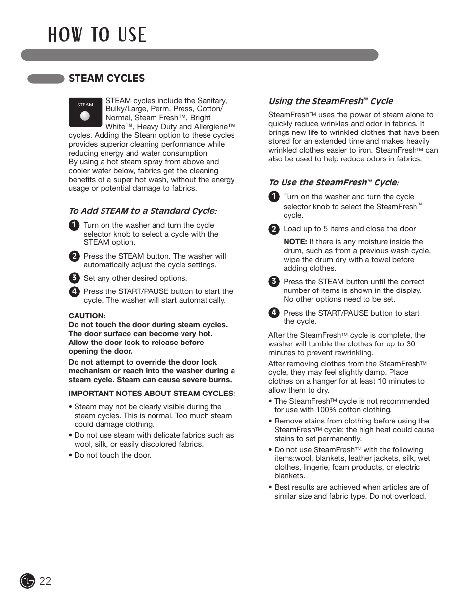 H o w to u s e, Steam cycles | LG WM2901HVA User Manual | Page 22 / 108