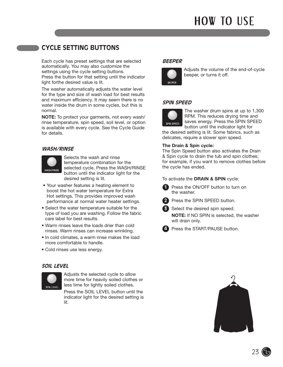 H o w to u s e, Cycle setting buttons | LG WM2901HVA User Manual | Page 23 / 108