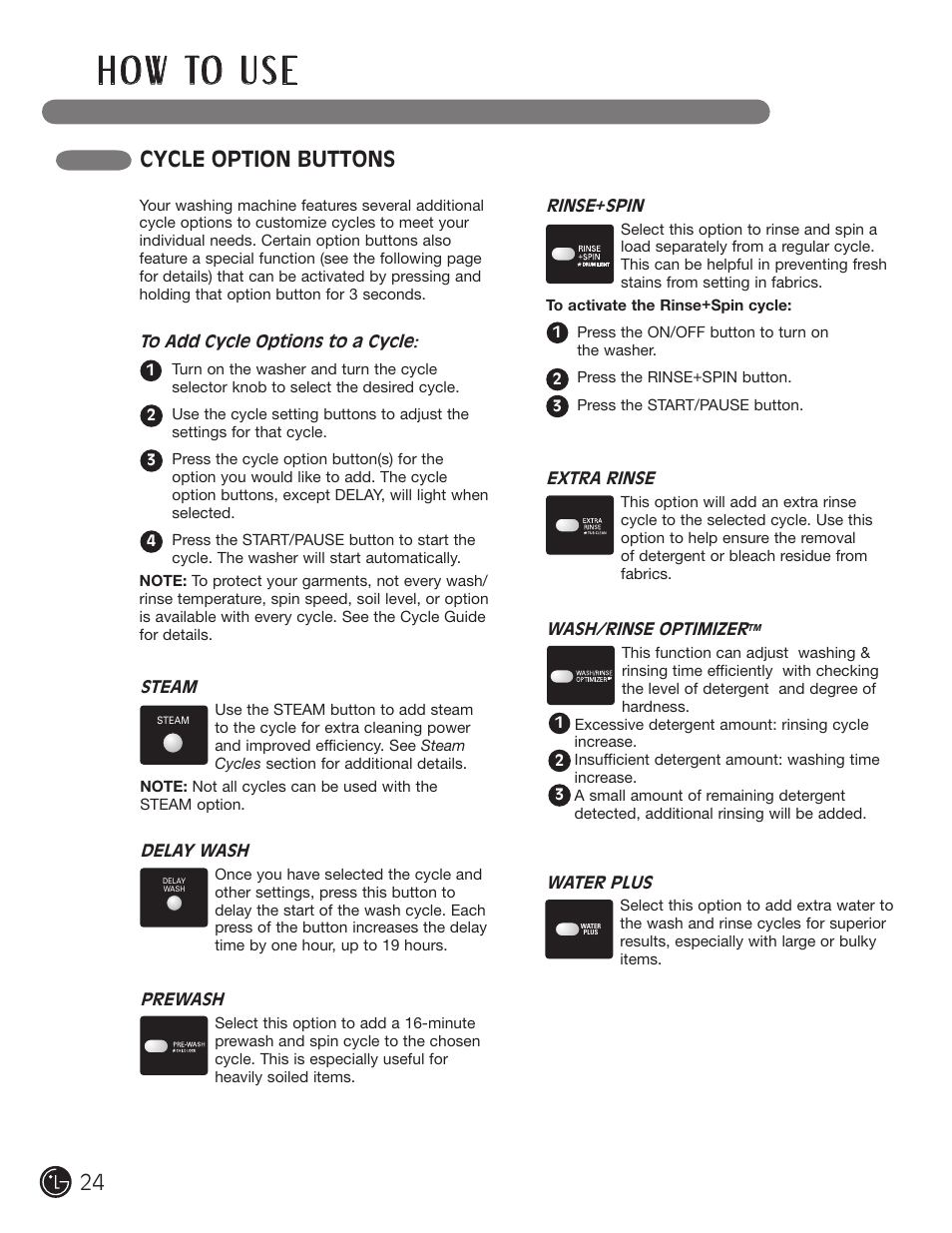 H o w to u s e, Cycle option buttons | LG WM2901HVA User Manual | Page 24 / 108