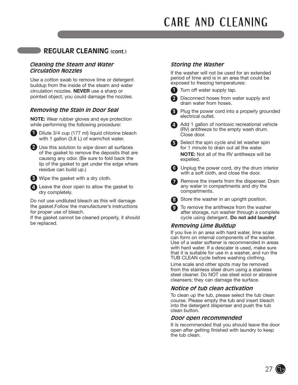 Regular cleaning | LG WM2901HVA User Manual | Page 27 / 108