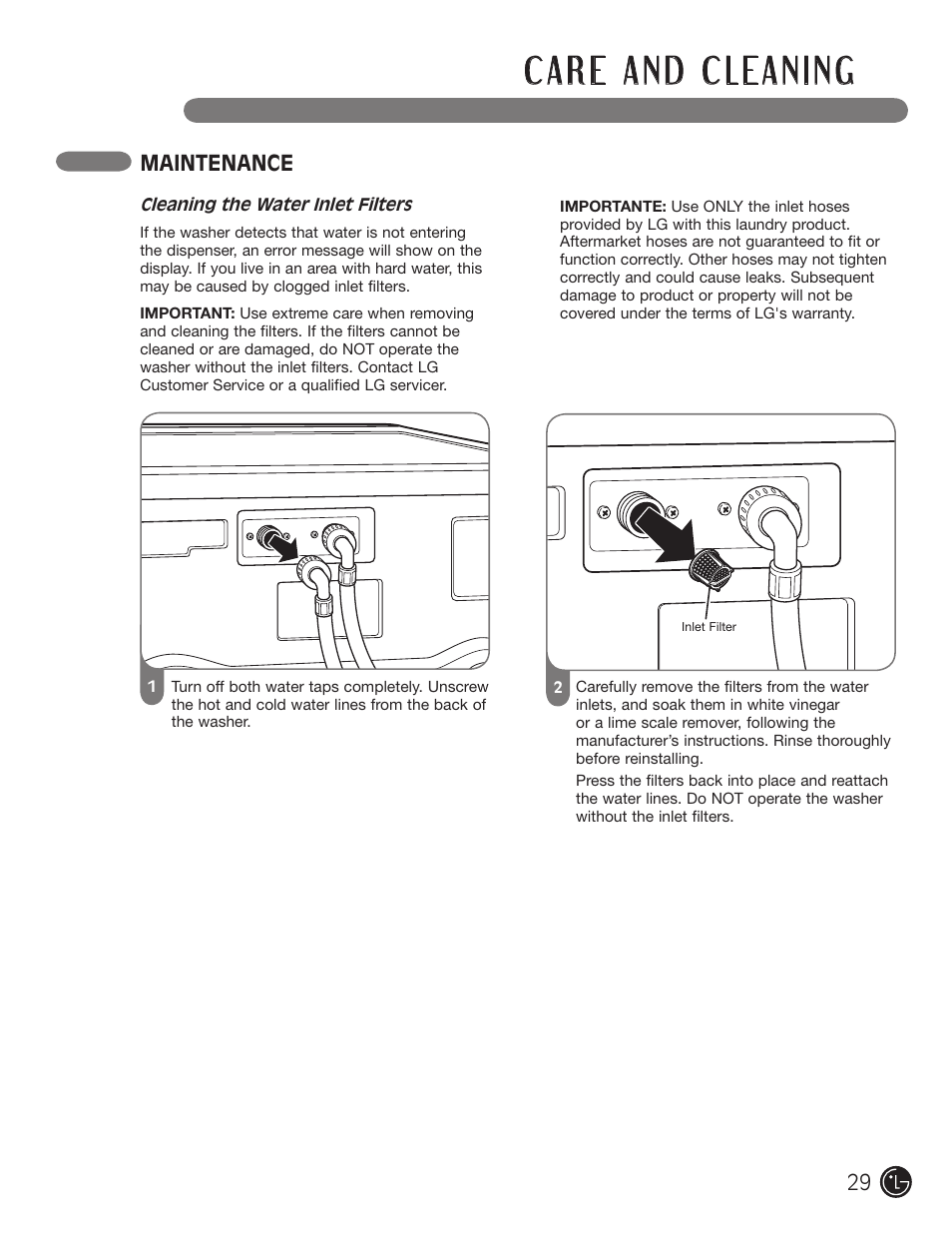 Maintenance | LG WM2901HVA User Manual | Page 29 / 108