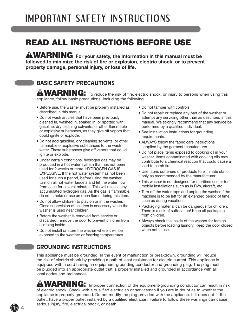 Wwarning, Read all instructions before use, Basic safety precautions | Grounding instructions | LG WM2901HVA User Manual | Page 4 / 108