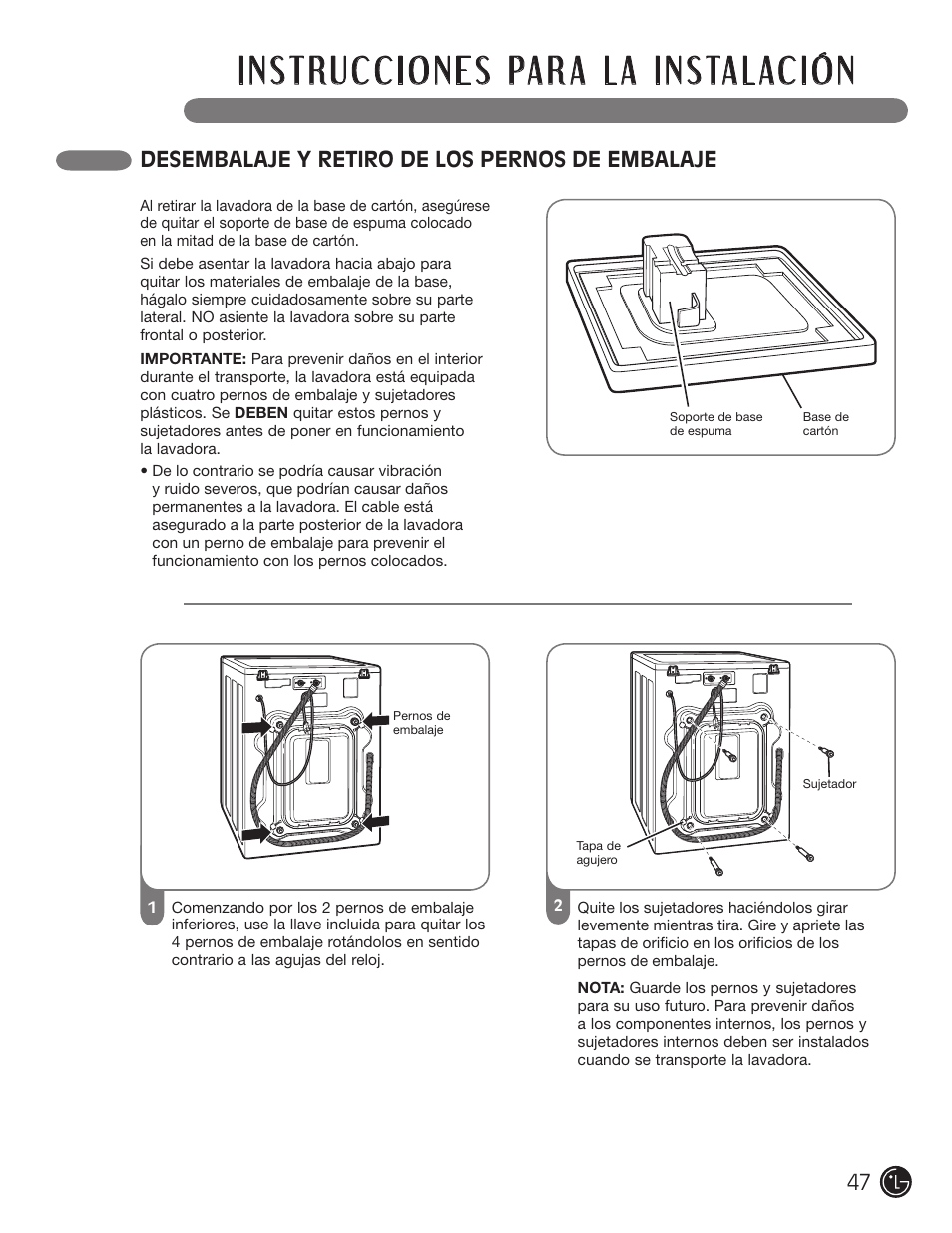 Desembalaje y retiro de los pernos de embalaje 47 | LG WM2901HVA User Manual | Page 47 / 108