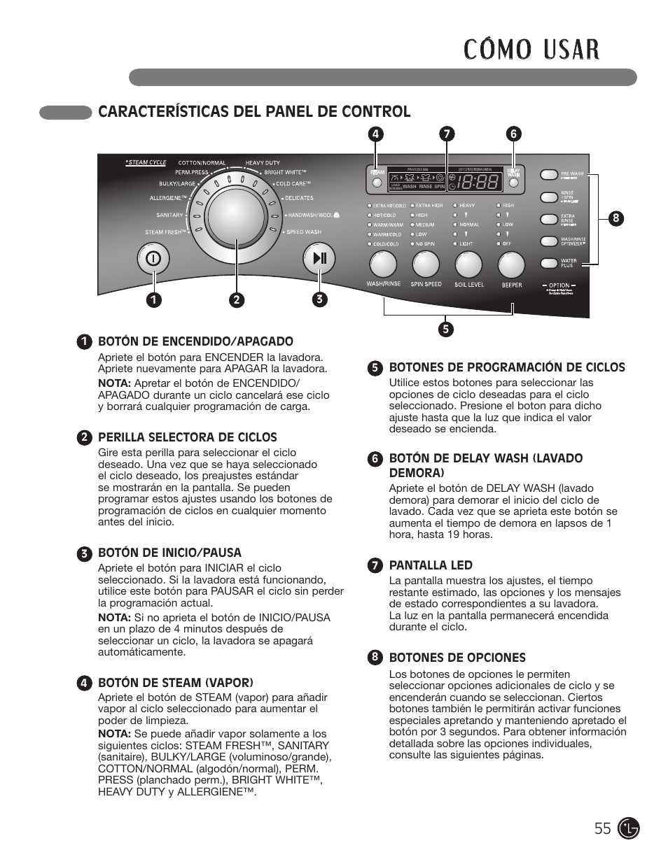 Características del panel de control | LG WM2901HVA User Manual | Page 55 / 108