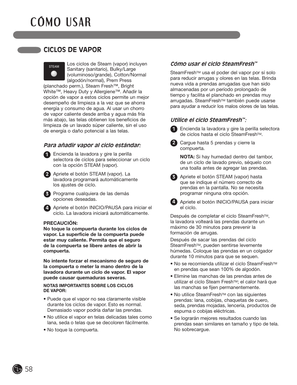 Ciclos de vapor | LG WM2901HVA User Manual | Page 58 / 108