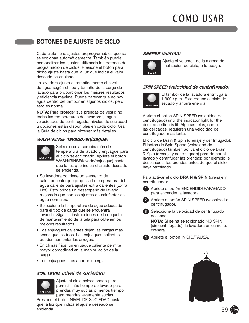 Botones de ajuste de ciclo | LG WM2901HVA User Manual | Page 59 / 108