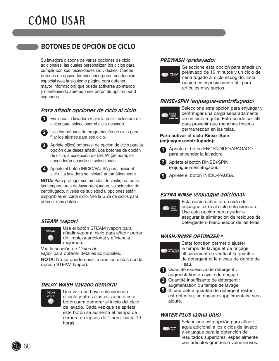 Botones de opción de ciclo | LG WM2901HVA User Manual | Page 60 / 108