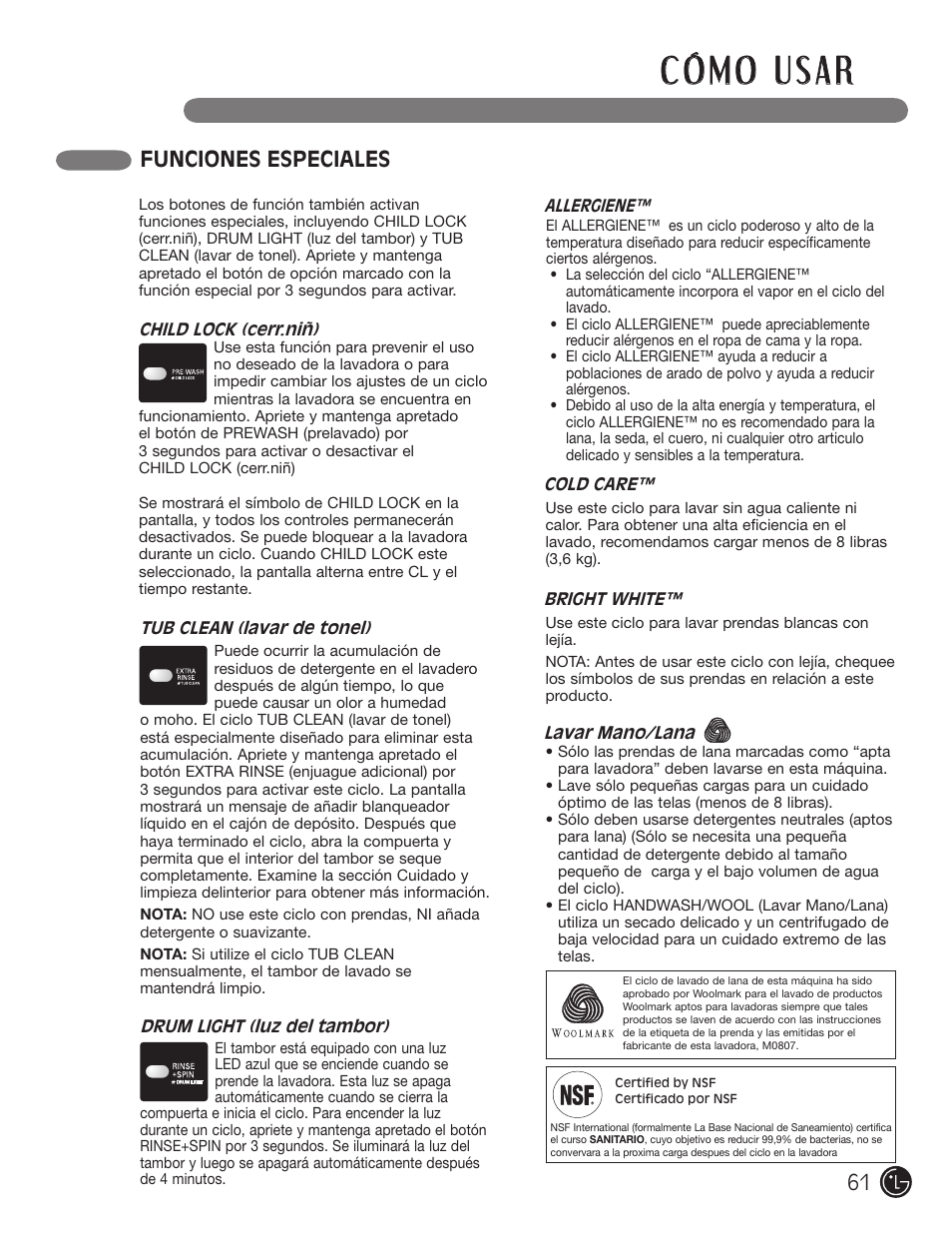 Funciones especiales | LG WM2901HVA User Manual | Page 61 / 108
