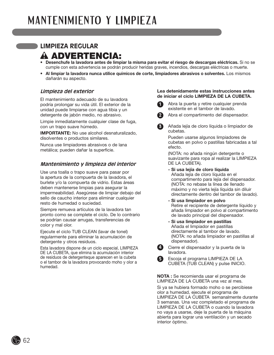 Wadvertencia, Limpieza regular | LG WM2901HVA User Manual | Page 62 / 108