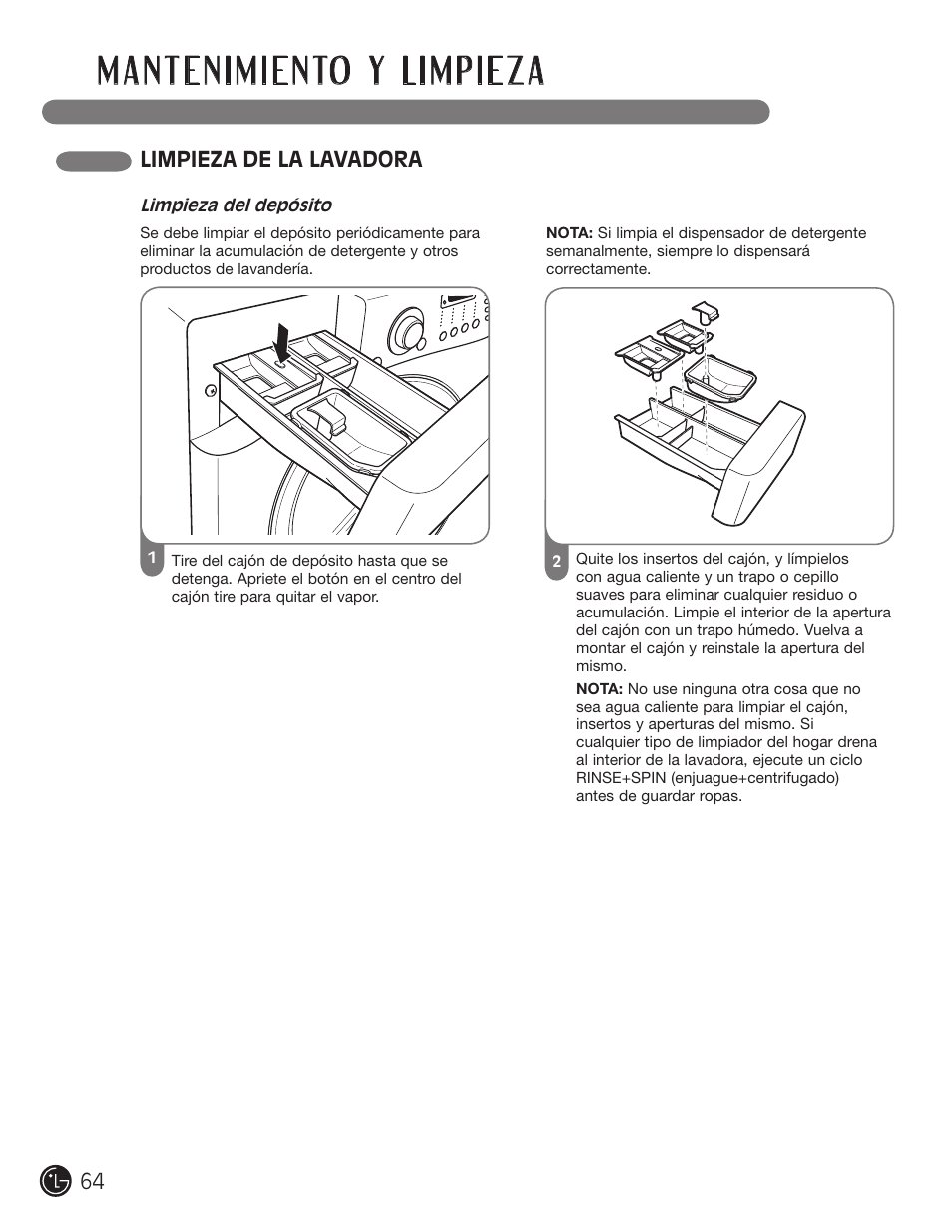 Limpieza de la lavadora | LG WM2901HVA User Manual | Page 64 / 108