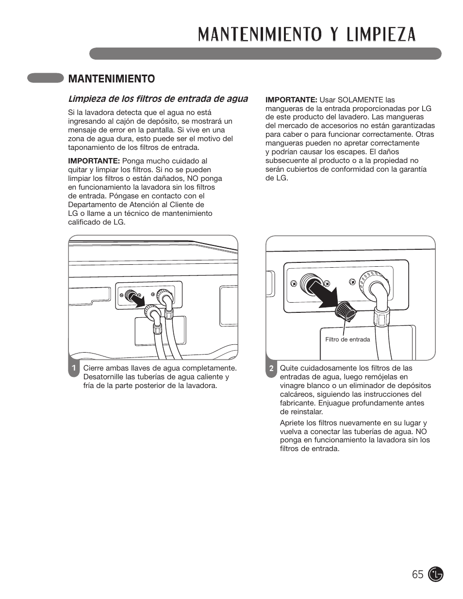 Mantenimiento | LG WM2901HVA User Manual | Page 65 / 108