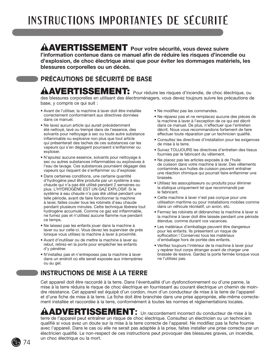 Wadvertissement, Wavertissement, Instructions de mise à la terre | Précautions de sécurité de base 74 | LG WM2901HVA User Manual | Page 74 / 108