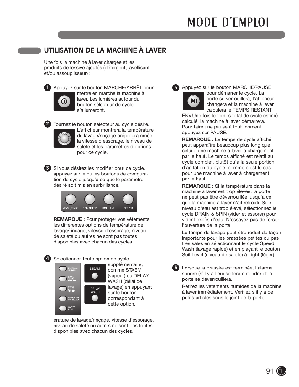 Utilisation de la machine à laver | LG WM2901HVA User Manual | Page 91 / 108