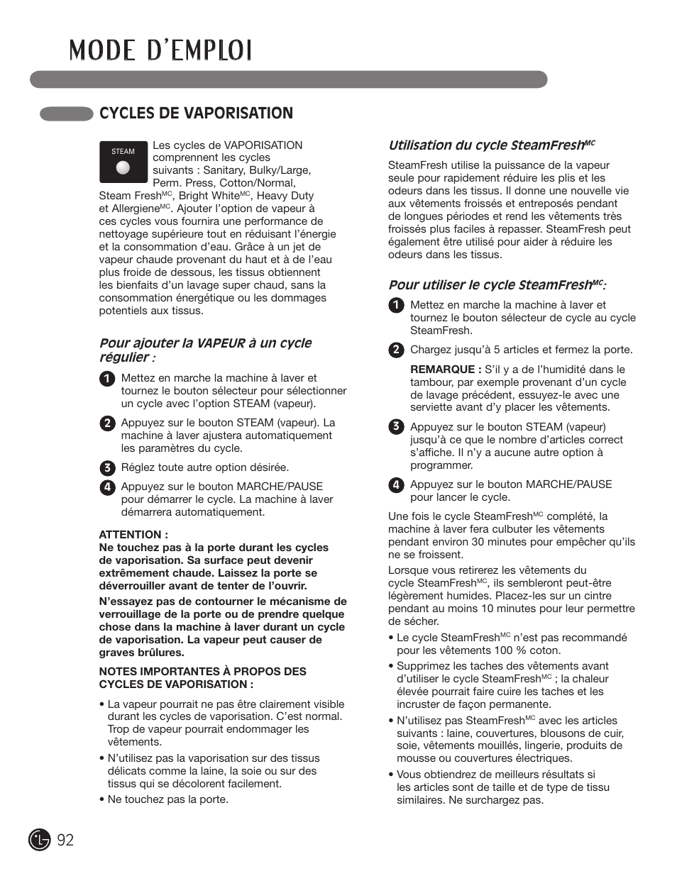 Cycles de vaporisation | LG WM2901HVA User Manual | Page 92 / 108