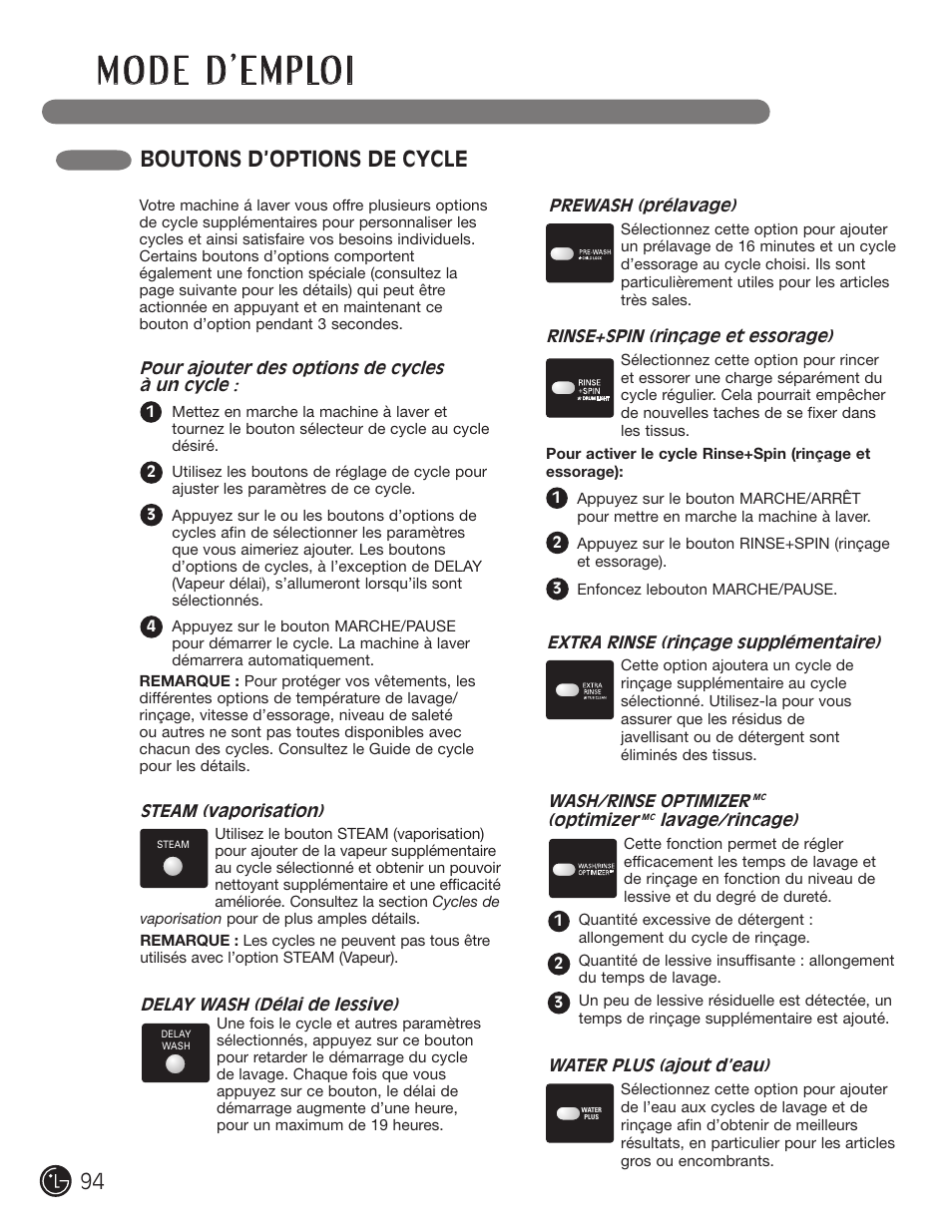 Boutons d’options de cycle | LG WM2901HVA User Manual | Page 94 / 108
