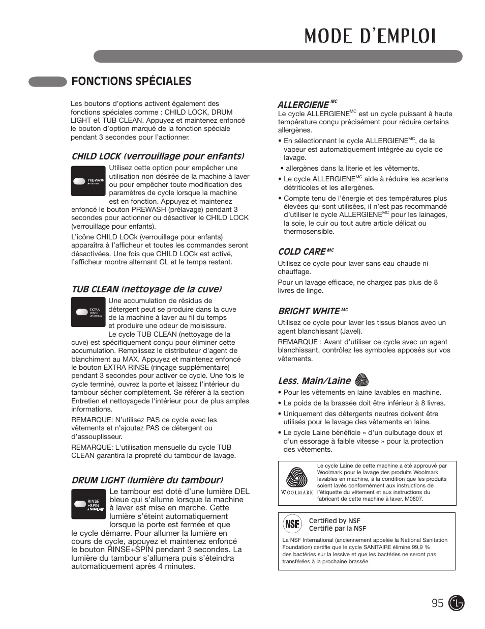 Fonctions spéciales | LG WM2901HVA User Manual | Page 95 / 108