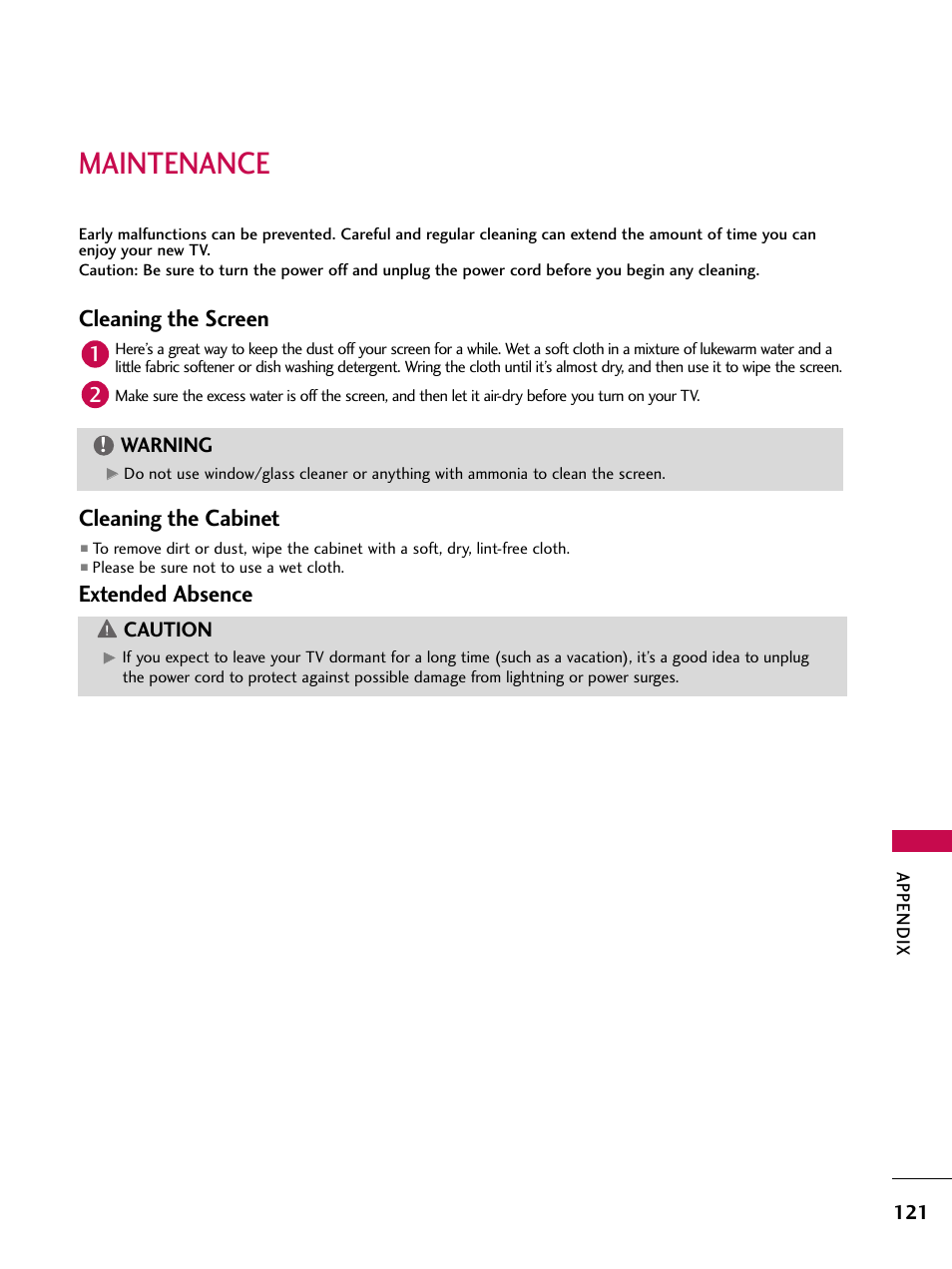 Maintenance, Cleaning the screen, Cleaning the cabinet | Extended absence | LG 37LG710H User Manual | Page 121 / 144