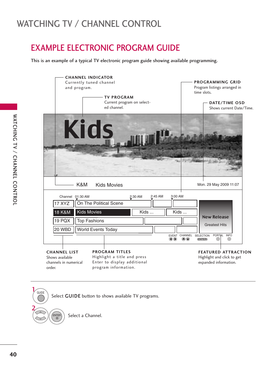 Example electronic program guide, Kids, Watching tv / channel control | LG 37LG710H User Manual | Page 40 / 144