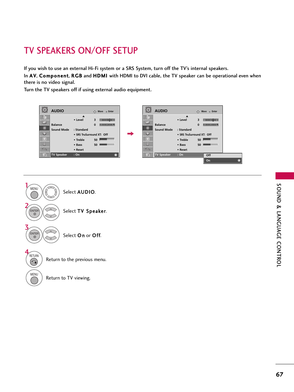 Tv speakers on/off setup, Sound & langu a ge contr ol | LG 37LG710H User Manual | Page 67 / 144