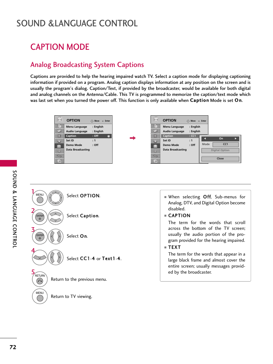 Caption mode, Analog broadcasting system captions, Sound &language control | Sound & langu a ge contr ol | LG 37LG710H User Manual | Page 72 / 144