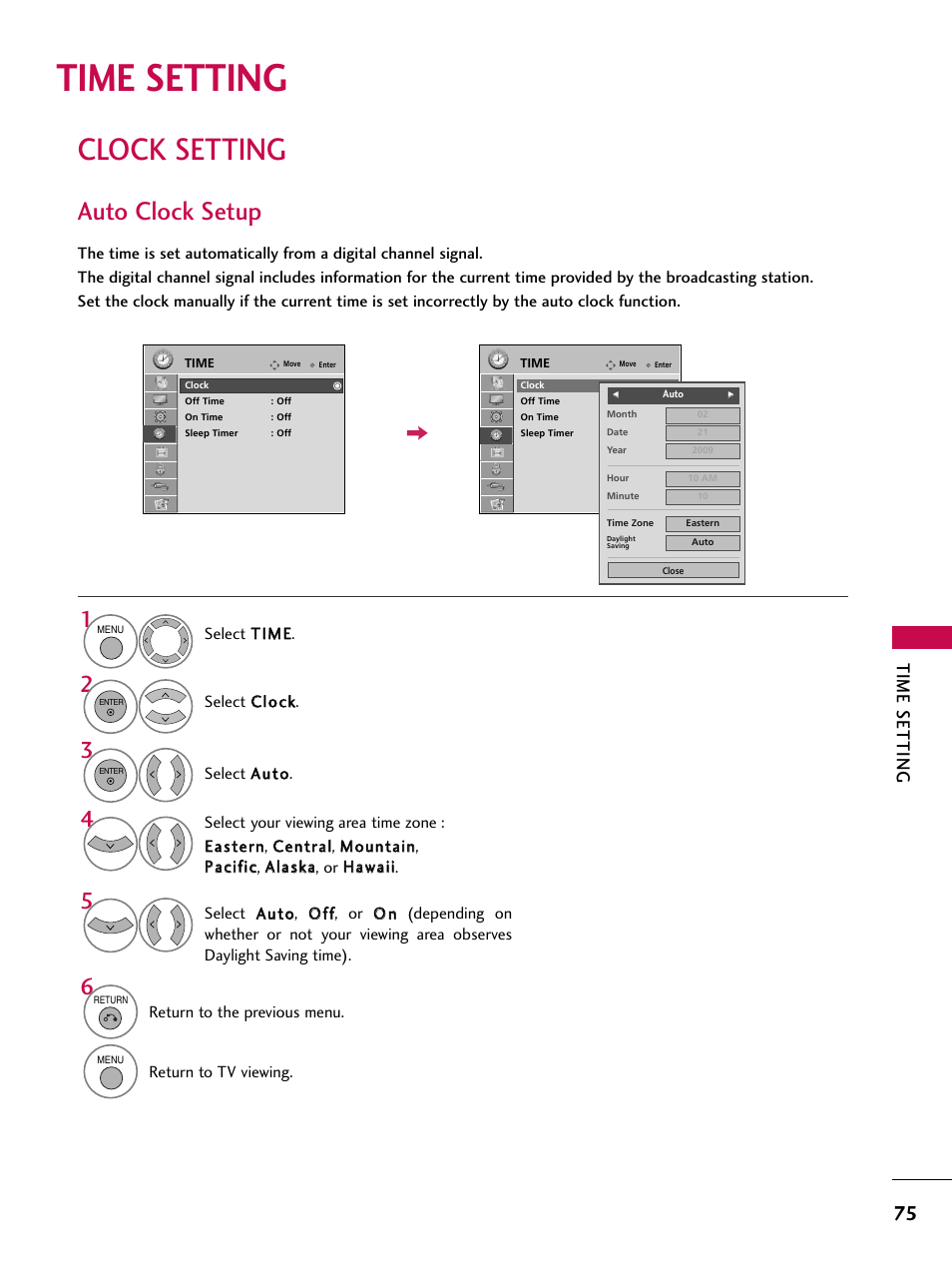 Time setting, Clock setting, Auto clock setup | LG 37LG710H User Manual | Page 75 / 144