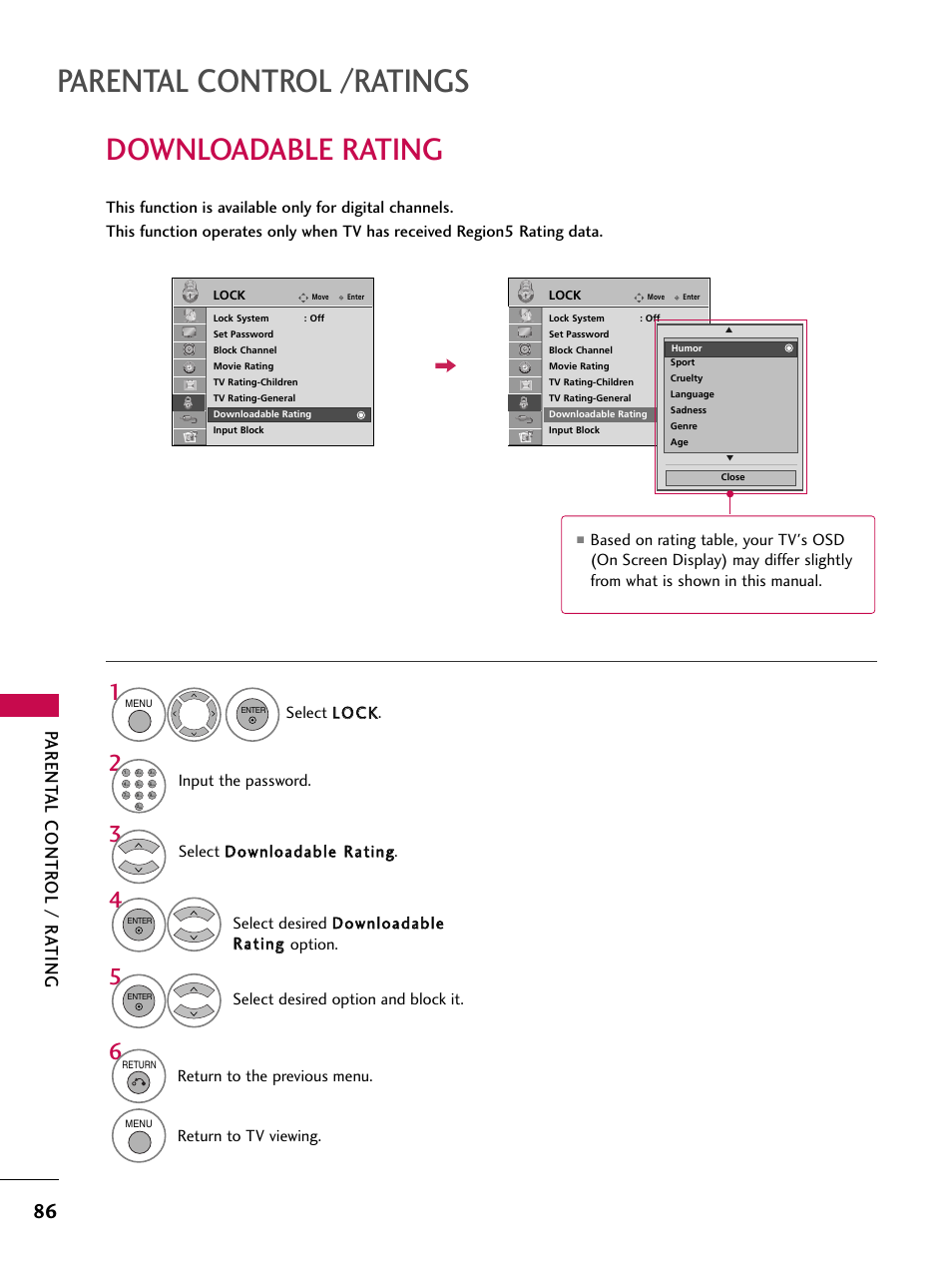Downloadable rating, Parental control /ratings, Parent al contr ol / r a ting | LG 37LG710H User Manual | Page 86 / 144