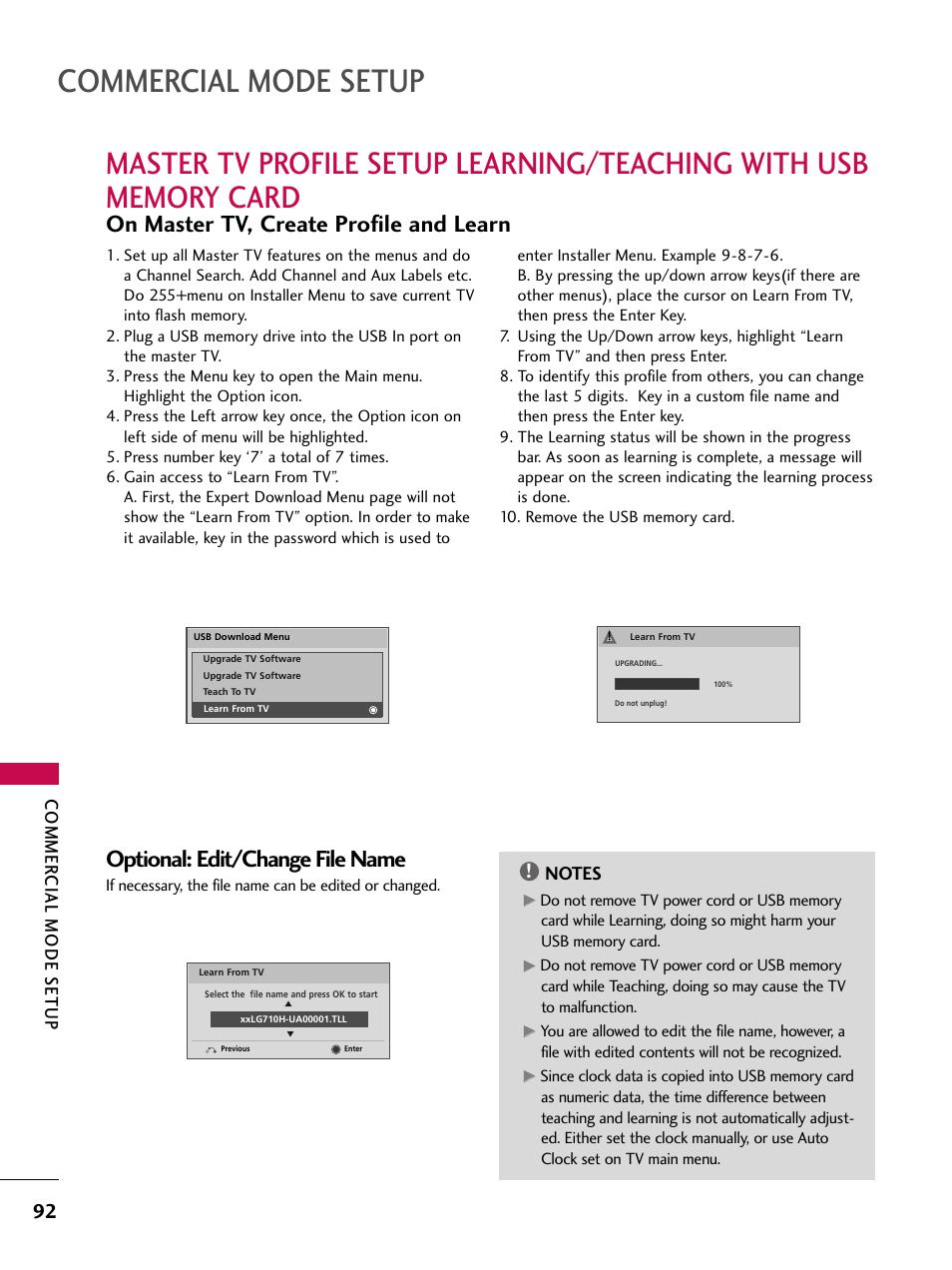 Commercial mode setup, On master tv, create profile and learn, Optional: edit/change file name | Commer cial mode setup | LG 37LG710H User Manual | Page 92 / 144