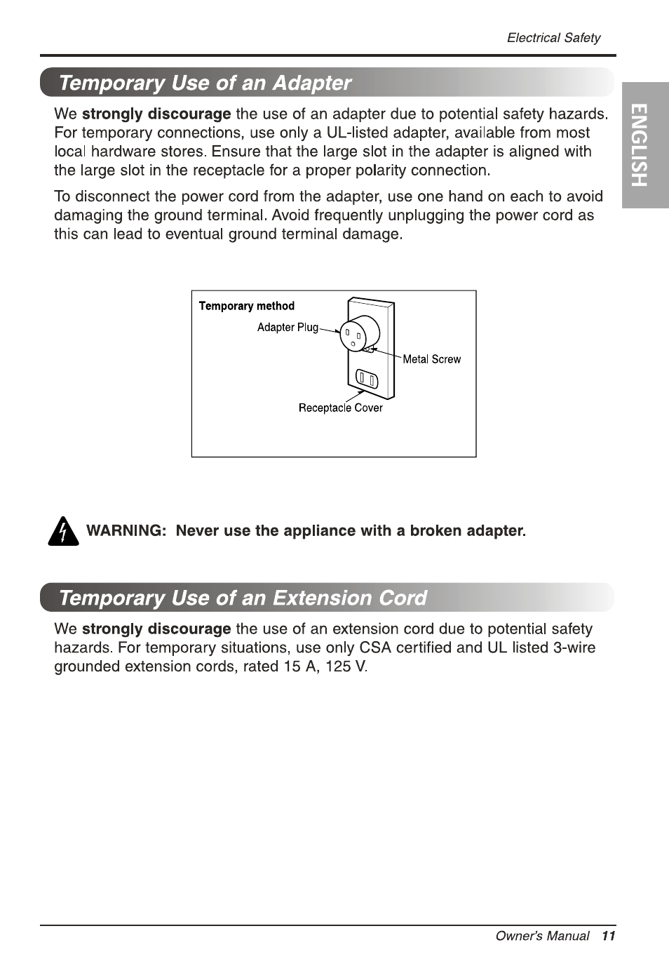 Temporary use of an adapter, Temporary use of an extension cord, Temporary use of an | Extension cord | LG L8010ER User Manual | Page 11 / 52