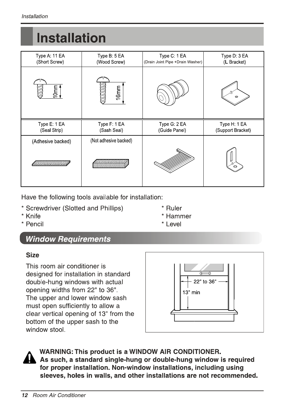 B installation, Window requirements, Size | Warning: this product is a window air conditioner, Installation | LG L8010ER User Manual | Page 12 / 52
