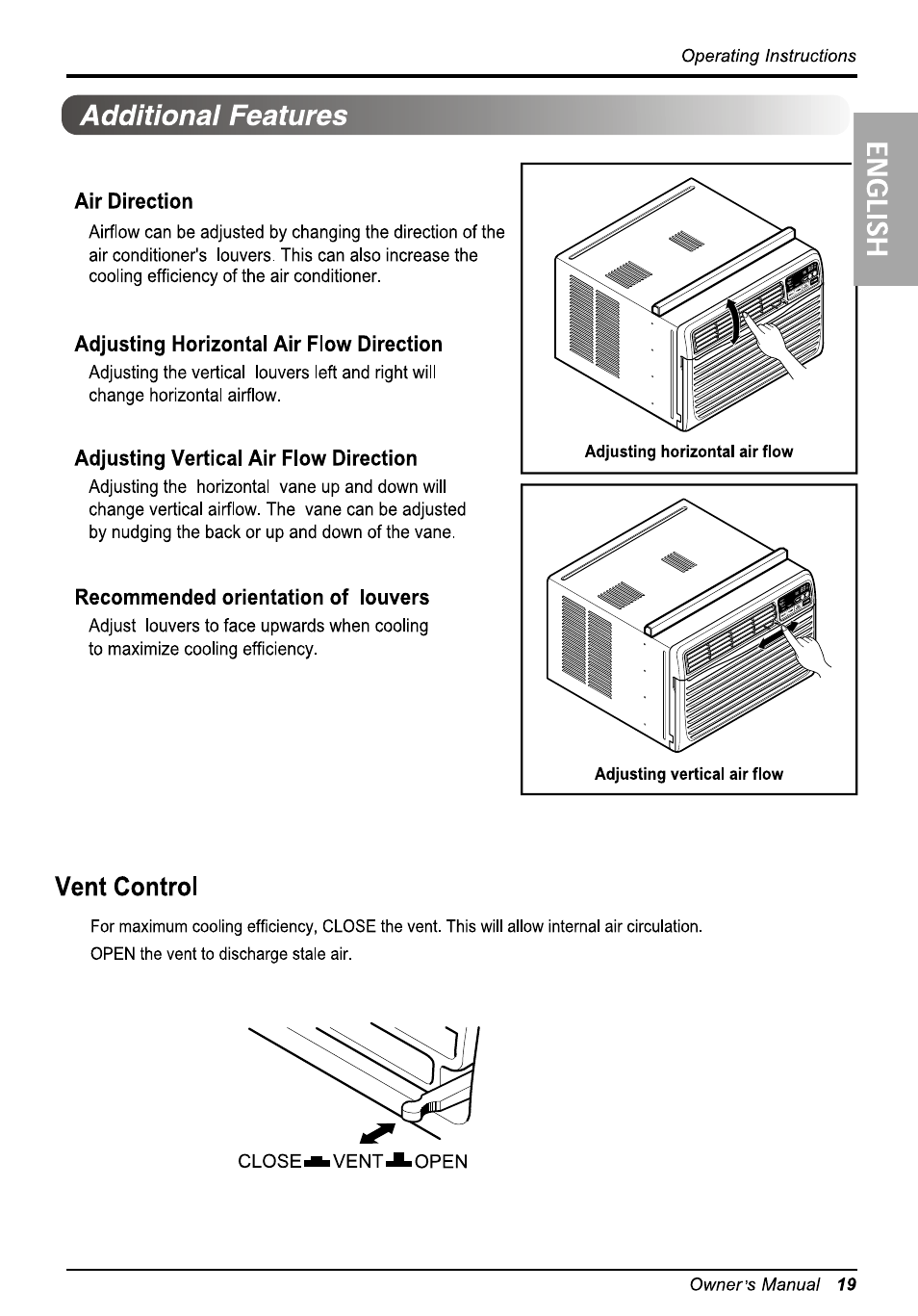 Additional features, Vent control | LG L8010ER User Manual | Page 19 / 52