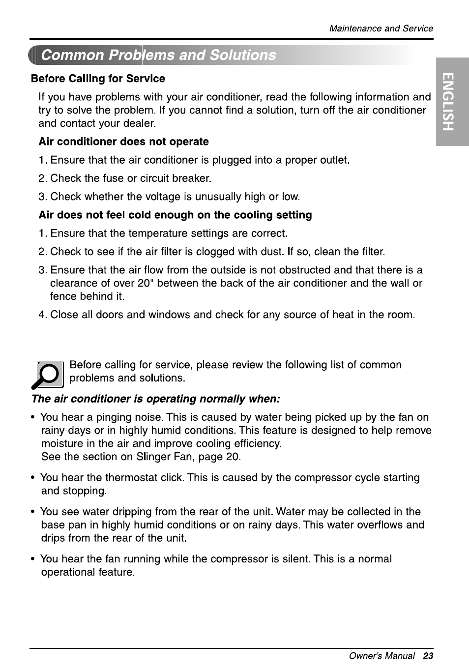 Common problems and solutions | LG L8010ER User Manual | Page 23 / 52