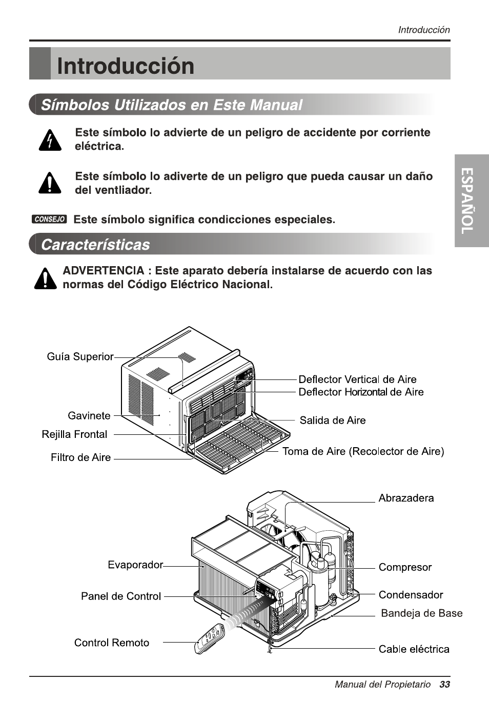 B introducción, Símbolos utilizados en este manual, Características | Introducción | LG L8010ER User Manual | Page 33 / 52